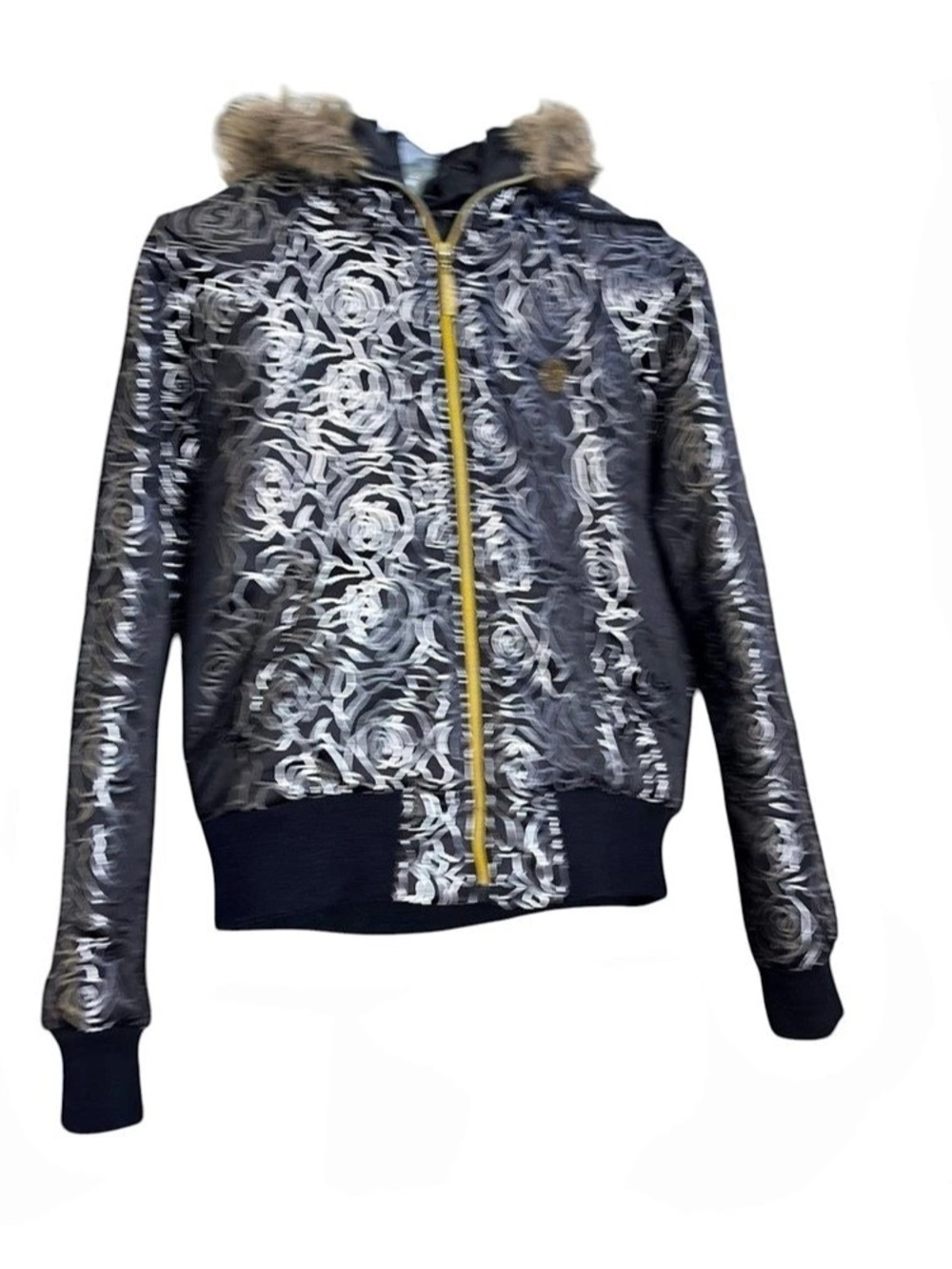 Southpole Y2K Blk&Silver  Floral Metallic Faux Fur Trimmed Hooded Puffer Jacket